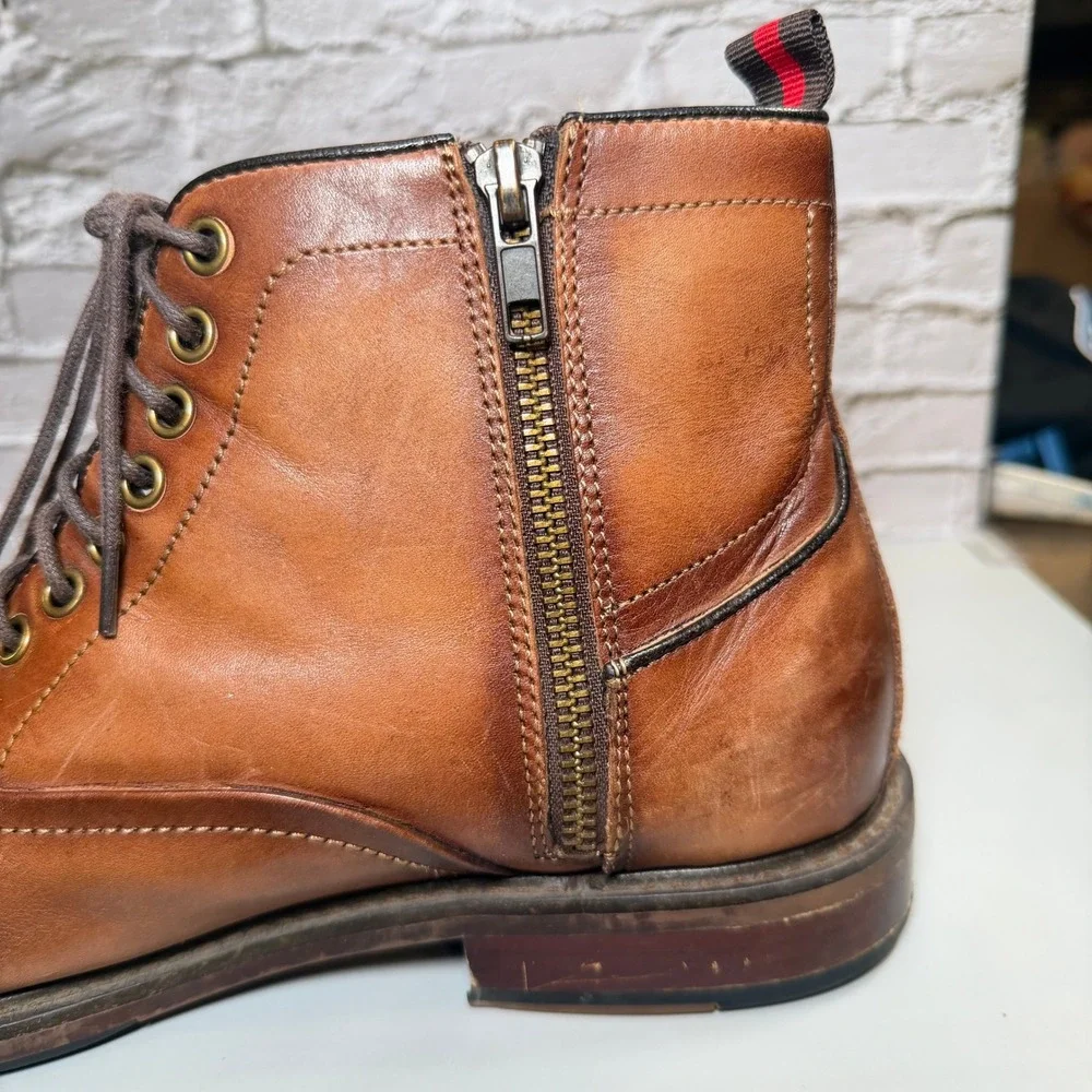 Madden Mens 9 Brown Leather Cap Toe Lace Up Ankle Boots Side Zip Dress Combat